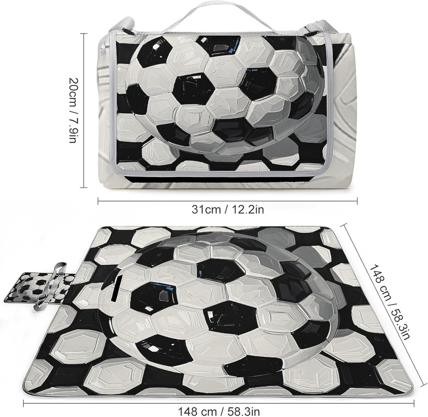 Outdoor Picnic Blanket Extra Large Beach Blanket Waterproof Picnic Mat Black and White Soccer Ball Camping Blanket Portable with Carry Strap Park Blanket for Grass Camping Park
