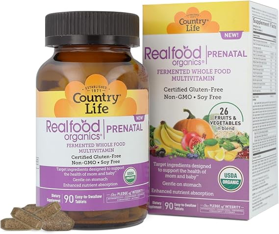 Realfood Organics Prenatal Multi - Before, During, Post Pregnancy - Folate, D3 & Iron to Support Healthy Fetal Growth and Development*, Gentle on Stomach, Gluten-Free, Soy Free, 90 Tablets