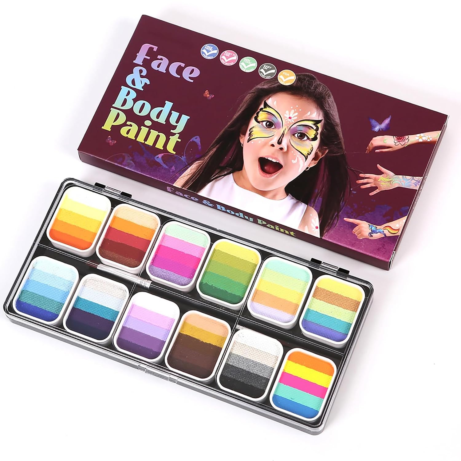 Professional Face Body Paint Set 12 Watercolor Palette Split Cakes Non Water Activated with 3 Brushes 6 Stencils for Kids Adults Halloween Cosplay