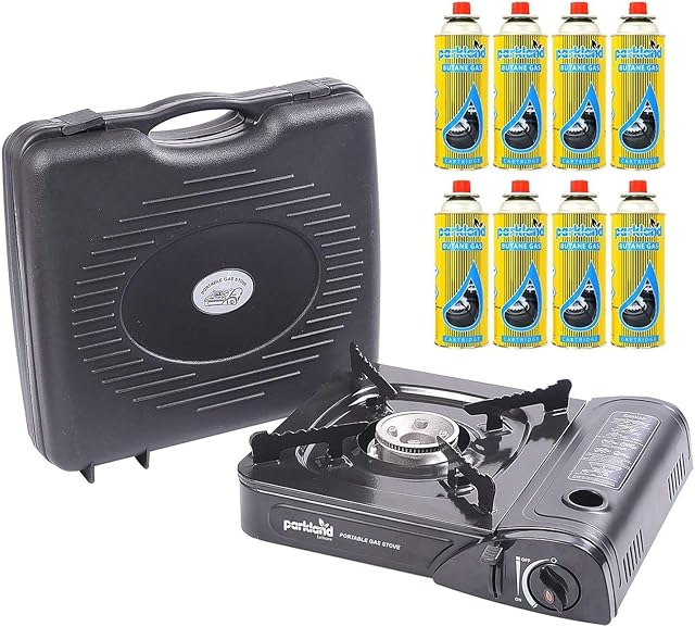 Single Burner Butane Gas Stove | Portable Compact and Lightweight | Adjustable Flame Height | Ideal For Camping Fishing | Comes With Carry Case | Durable And Easy To Use + 8 Gas Refills