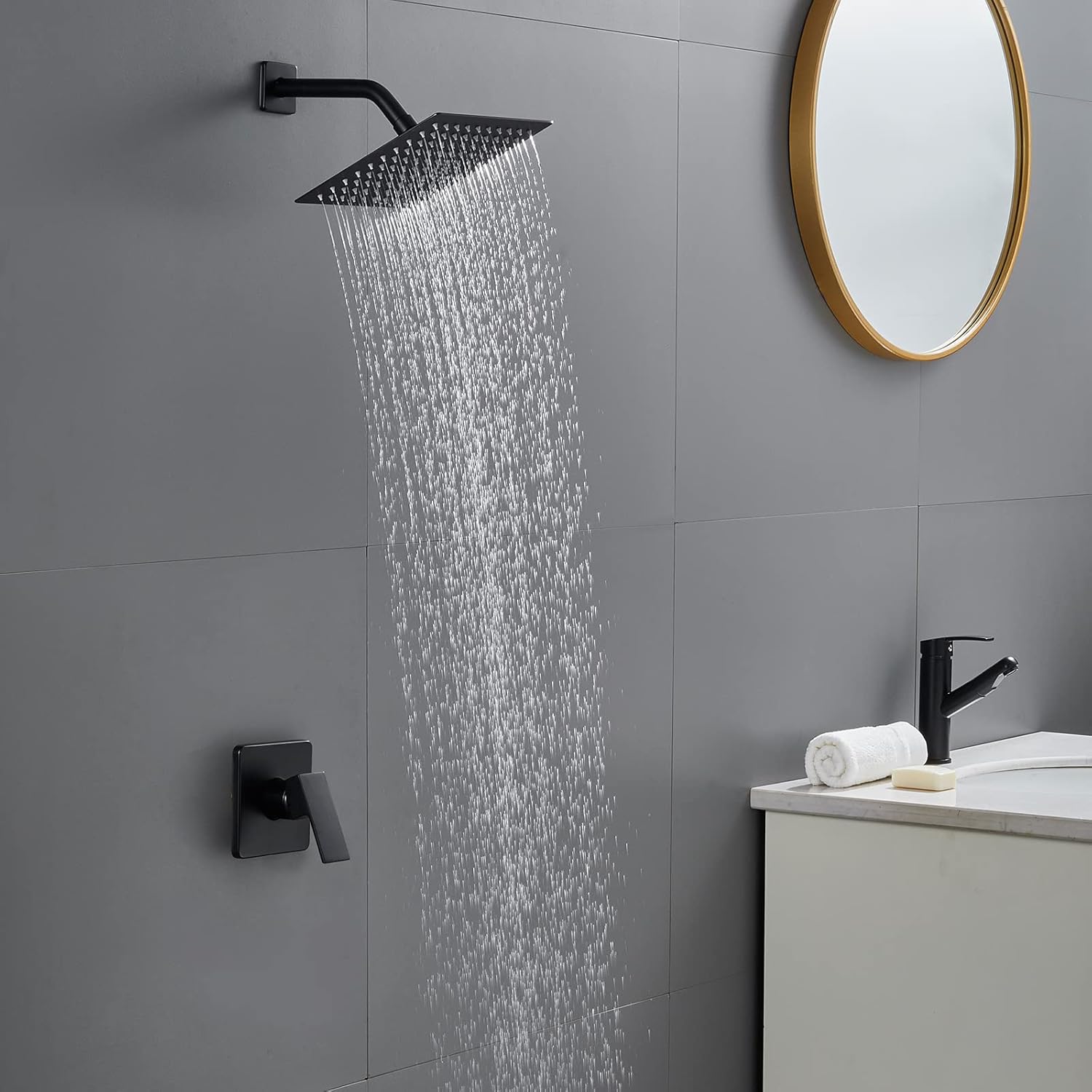 POPFLY Black Shower Faucet Set, High Pressure 8 Inchs Square Shower Rainfall Head, Bathroom Single Funtion Shower Mixing Valve Kit with Rough in Valve…