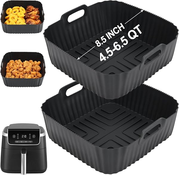 Square Silicone Air Fryer Liners for 4.5 to 8 QT, Set of 2, Reusable Tray Insert, Accessories for Corsori, Ninja and Mor
