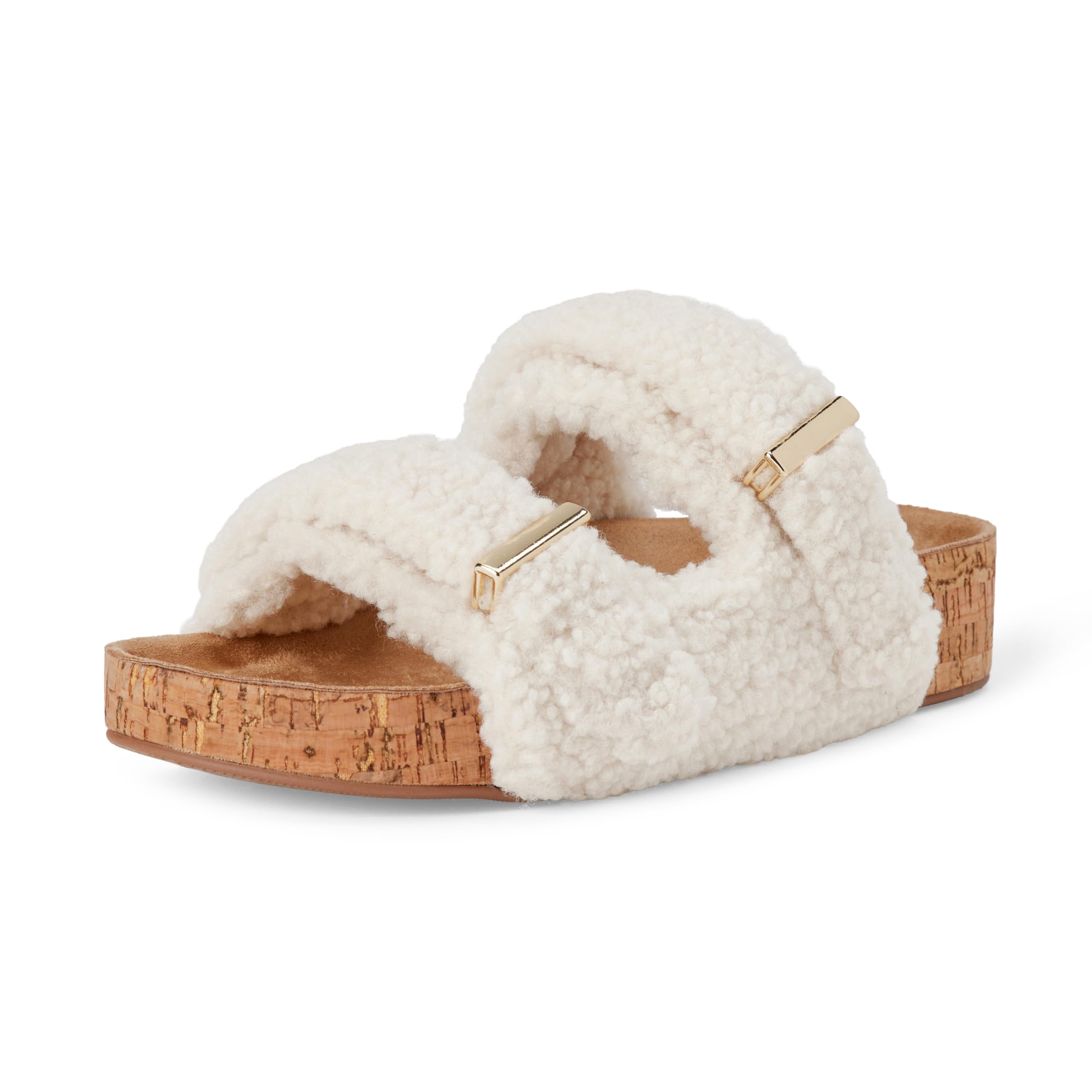 Amazon Essentials Women's Faux Shearling Slide Sandals with Cork Sole, Natural Faux Shearling, 7.5 UK