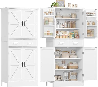 TEENFON Farmhouse Pantry Cabinet, 66.9H Tall Kitchen Storage Cabinet with Barn Doors, Adjustable Shelves & Drawer, Freestanding Cupboard for Kitchen, Dining Room, Living Room, Bathroom, White