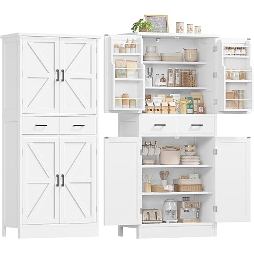 TEENFON Farmhouse Pantry Cabinet, 66.9″H Tall Kitchen Storage Cabinet with Barn Doors, Adjustable Shelves & Drawer, Freestanding Cupboard for Kitchen, Dining Room, Living Room, Bathroom, White