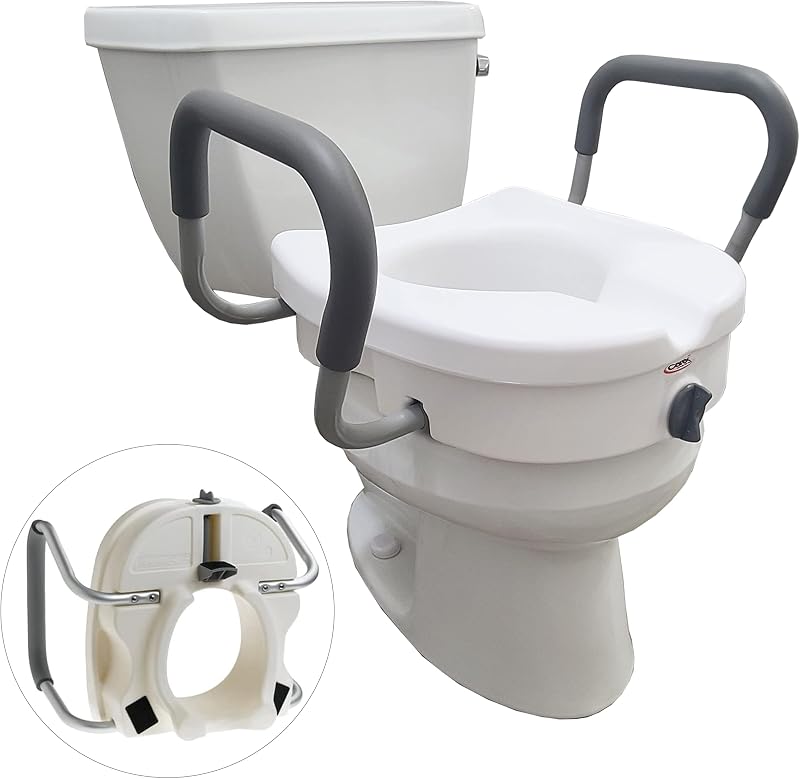 Carex E-Z Lock Paquete combinado de asiento de inodoro y marco de seguridad, elevador de asiento elevador de altura de 5 pulgadas para personas mayores y discapacitadas, silla cómoda para personas mayores - Se adapta y bloquea a inodoros redondos o alargados