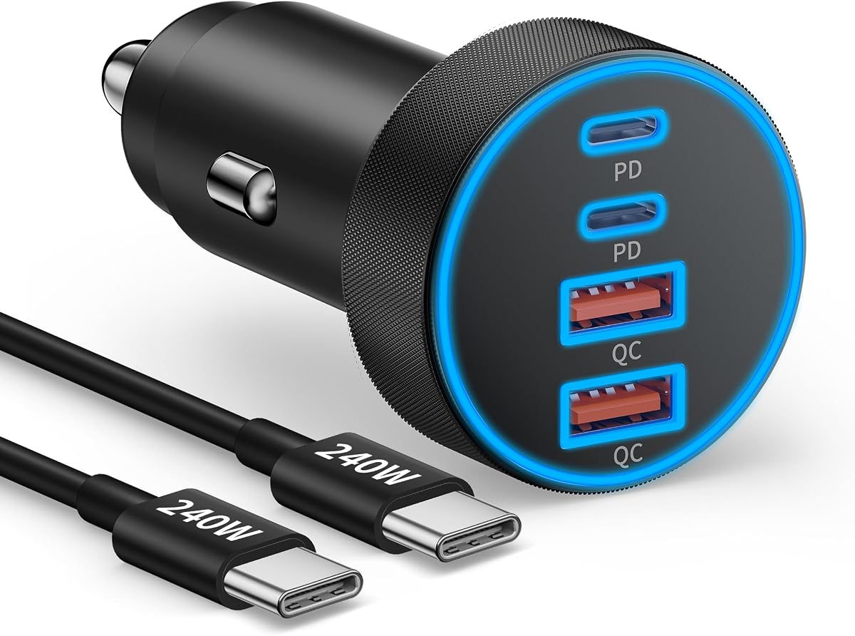 90W 4-Port USB C Super Fast Car Charger for iPhone 17 17e Air 16 15 Pro Max | Samsung S26 S25 S24 S23, Android, Type C Car Phone Charger Fast Charging Cigarette Lighter Adapter with 240W 3FT USB-C Cable