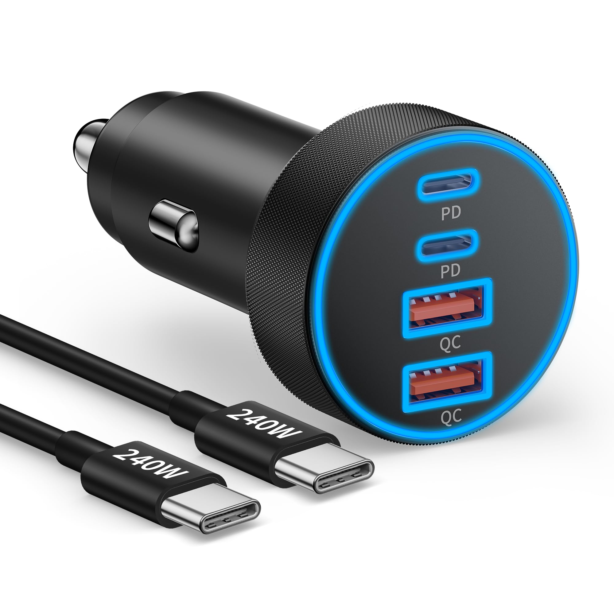 Kfz-Ladegerät USB C Schnellladung, 90W 4-Port Auto Telefon Ladegerät Super Schnellladung Dual USB-C & USB-A Zigarettenanzünder Adapter mit 240W Typ C Kabel für Samsung Galaxy S26/S25/S24/S23, Pixel