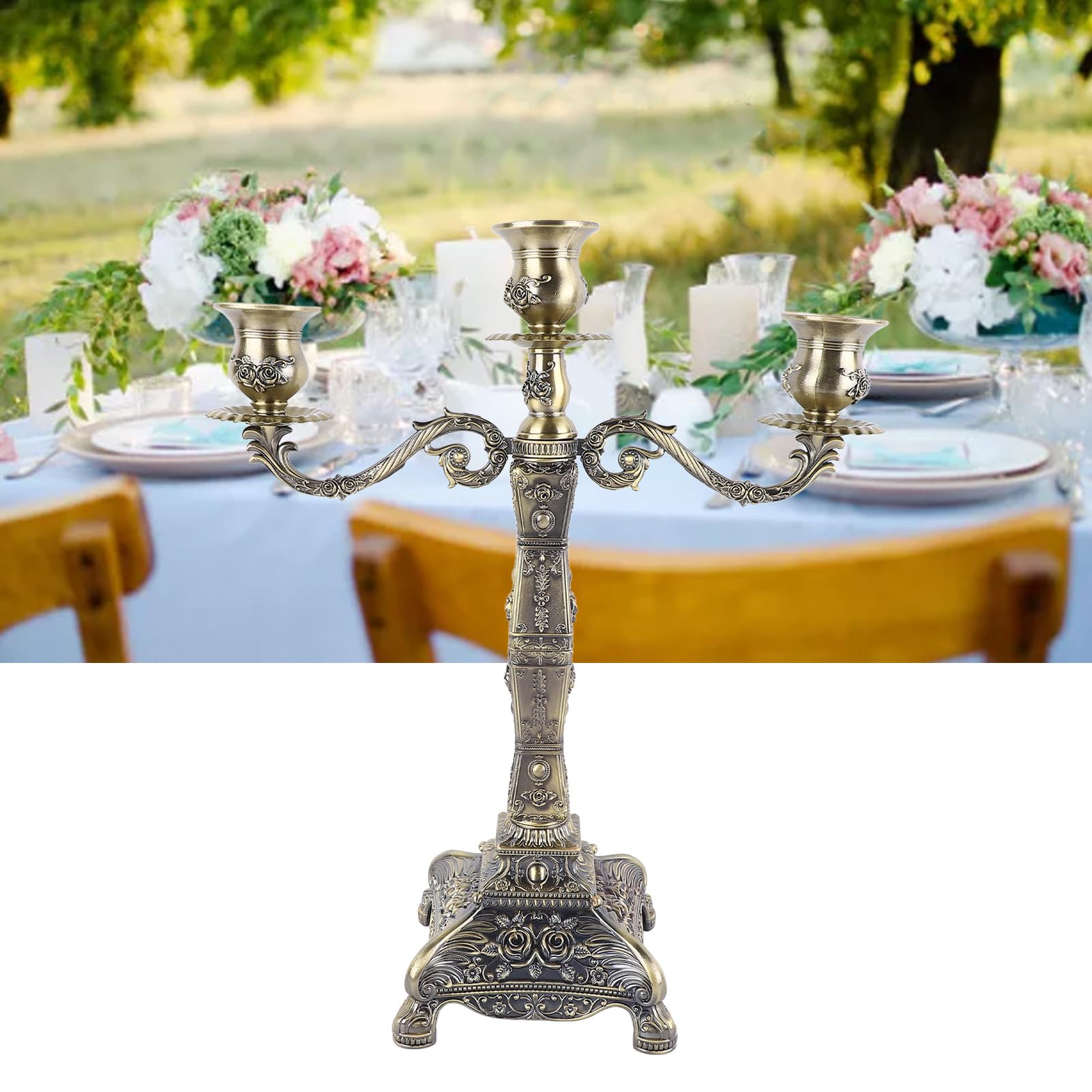 Candelabro a 5 bracci, portacandele a cono, supporto per candele retrò in stile europeo per matrimoni, tavoli da pranzo e feste di Natale. (Bronze Three Heads)