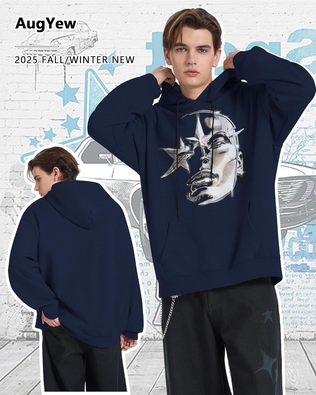 Mens Graphic Hoodies Heavyweight Pullover Vintage Sweatshirt Streetwear Y2K Fleece Long Sleeve Casual Top - Image 3