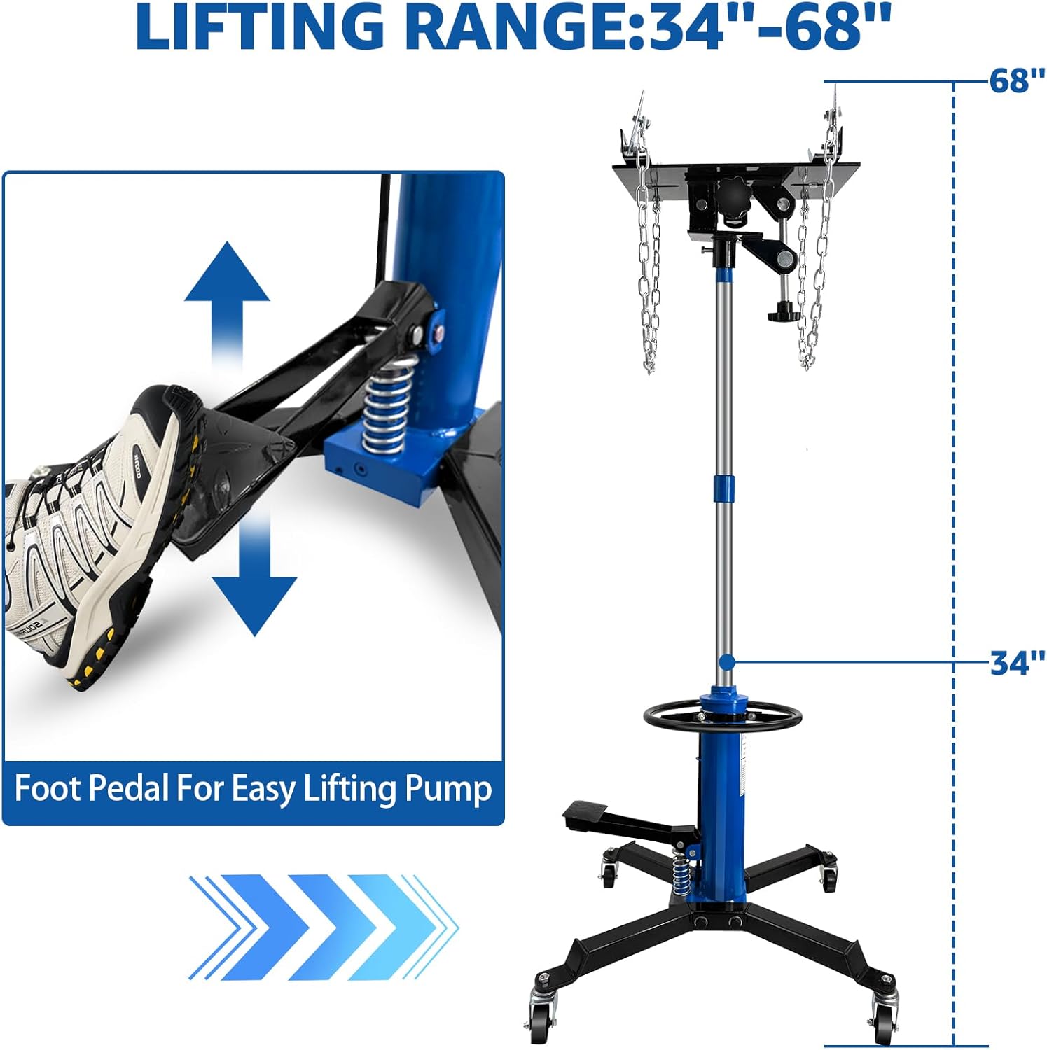 1660 LBS Transmission Jack, Hydraulic Telescoping Jack with 30° Tilt Saddle, 34"-68" Lifting Range, 4 Swivel Casters & Safety Chains for Automotive Light Truck Installation Removal