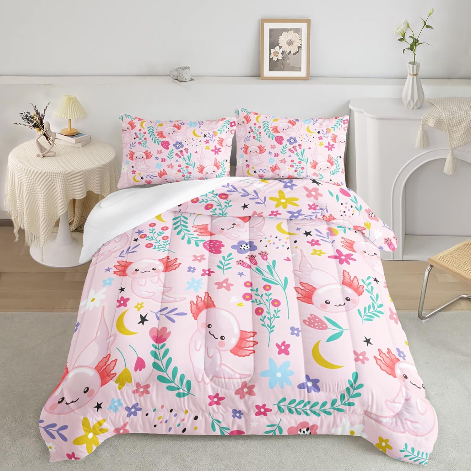 QOOMO Cartoon Axolotl Kids Comforter Set,Colorful Flowers Print Bedding Sets, Cute Kawaii Room Decor Full Comforter Set Pink for Girls Lightweight for All Seasons, 1 Comforter Set 2 Pillowcases