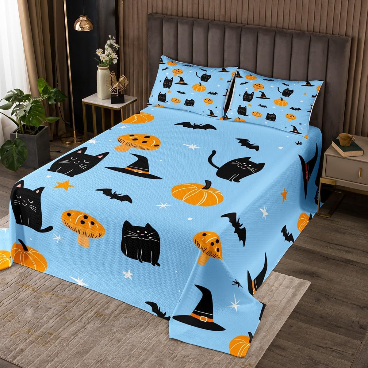 jejeloiu Happy Halloween Bedspread Quilts Pumpkin Coverlet Set King Size for Kids Boys Girls Ghost Printed Quilted Coverlet for All Season with 2 Pillowcases Microfiber