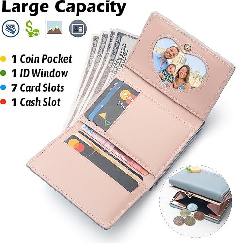 Miniatura 2 de Cartera para mujer, bonita cartera pequeña kawaii, 7 ranuras para tarjetas, 1 ranura para efectivo, 1 ventana para identificación, carteras de cuero