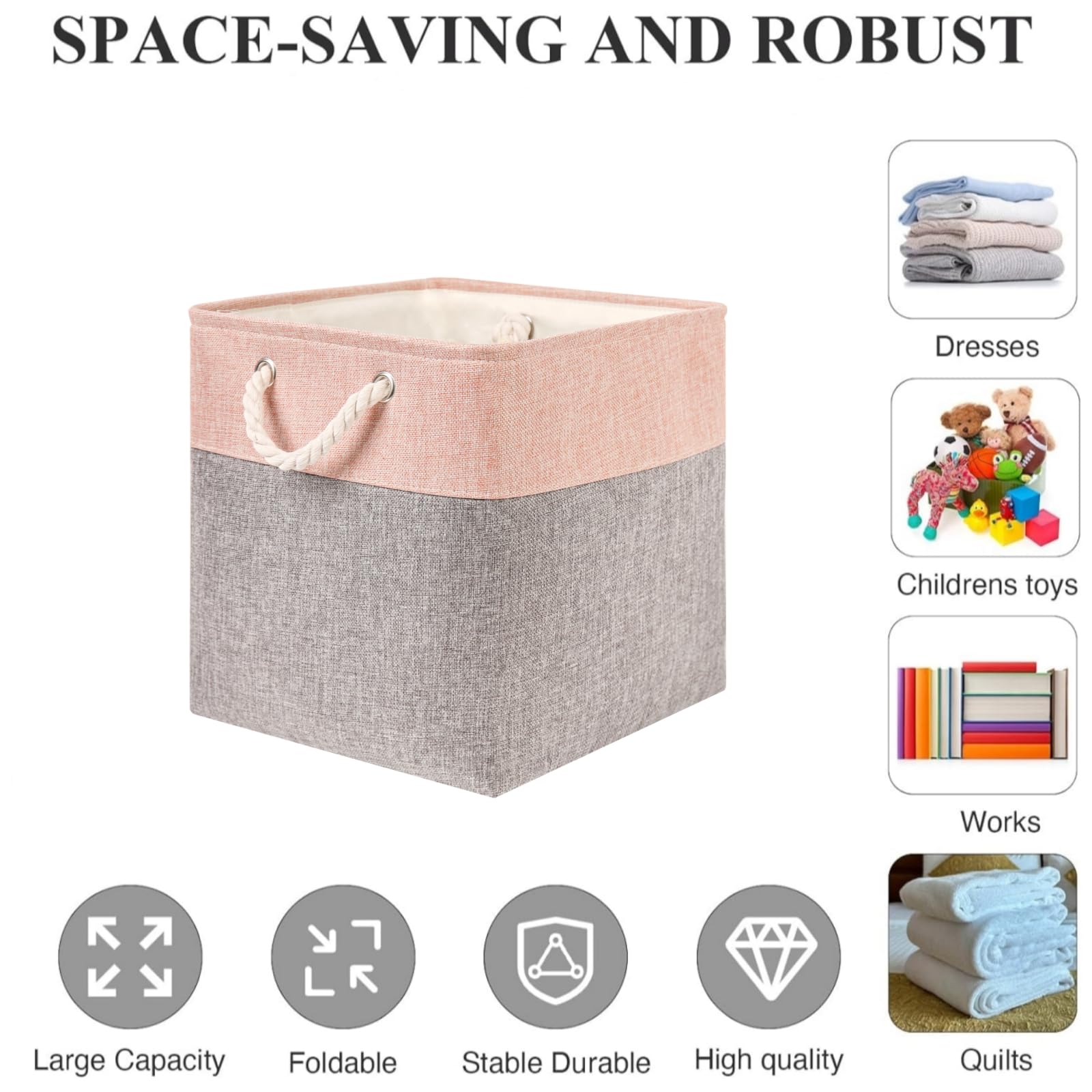 Mangata Kallax Cestini Portaoggetti In Tessuto, Set Da 3, 33x38x33 Cm, Grigio Freddo E Bianco, Con Manici In Corda, Pieghevoli, Per Scaffali E Armadi - 4