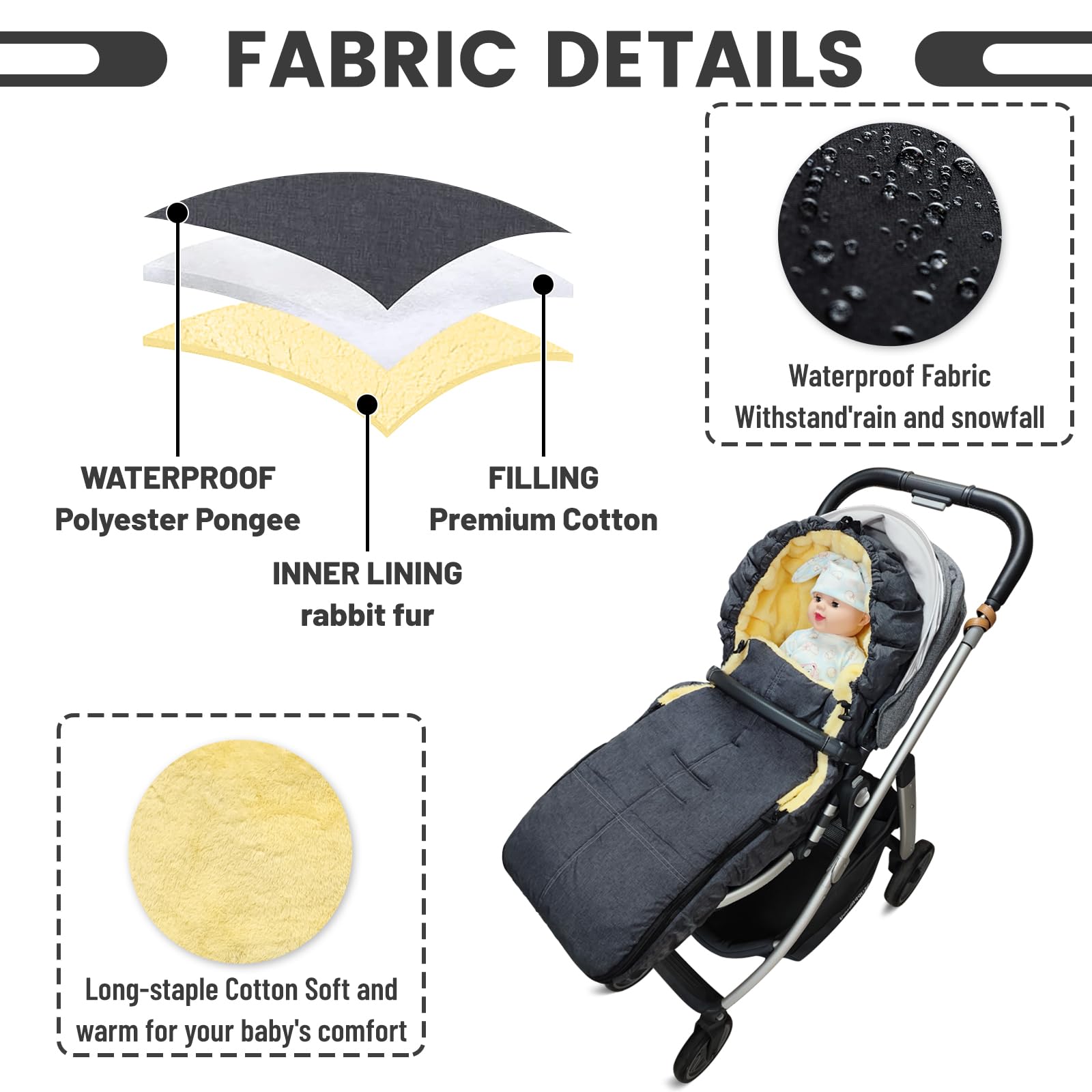 TYBYBB Coprigambe Passeggino Universale, Sacco Passeggino Universale 3 in 1 Sacco Passeggino Invernale Impermeabile Antivento, con Cerniere Laterali, Staccabile per da 0 a 3 anni Baby (Grigio
