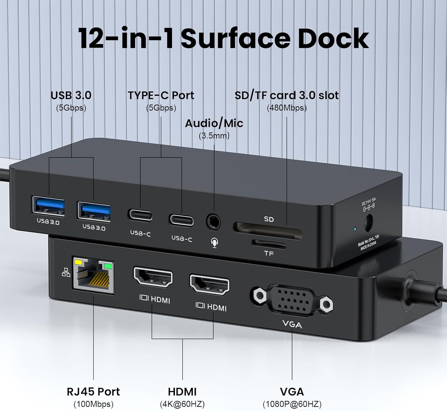 Surface Docking Station, 12-in-1 Surface Dock Triple Displays Dual HDMI 4K@60HZ+VGA, Surfac-e Pro Docking Station with Power Supply for Surfac Pro 11/10/9/8/X/7/6/5/4/3, Book, Laptop, Go Dock