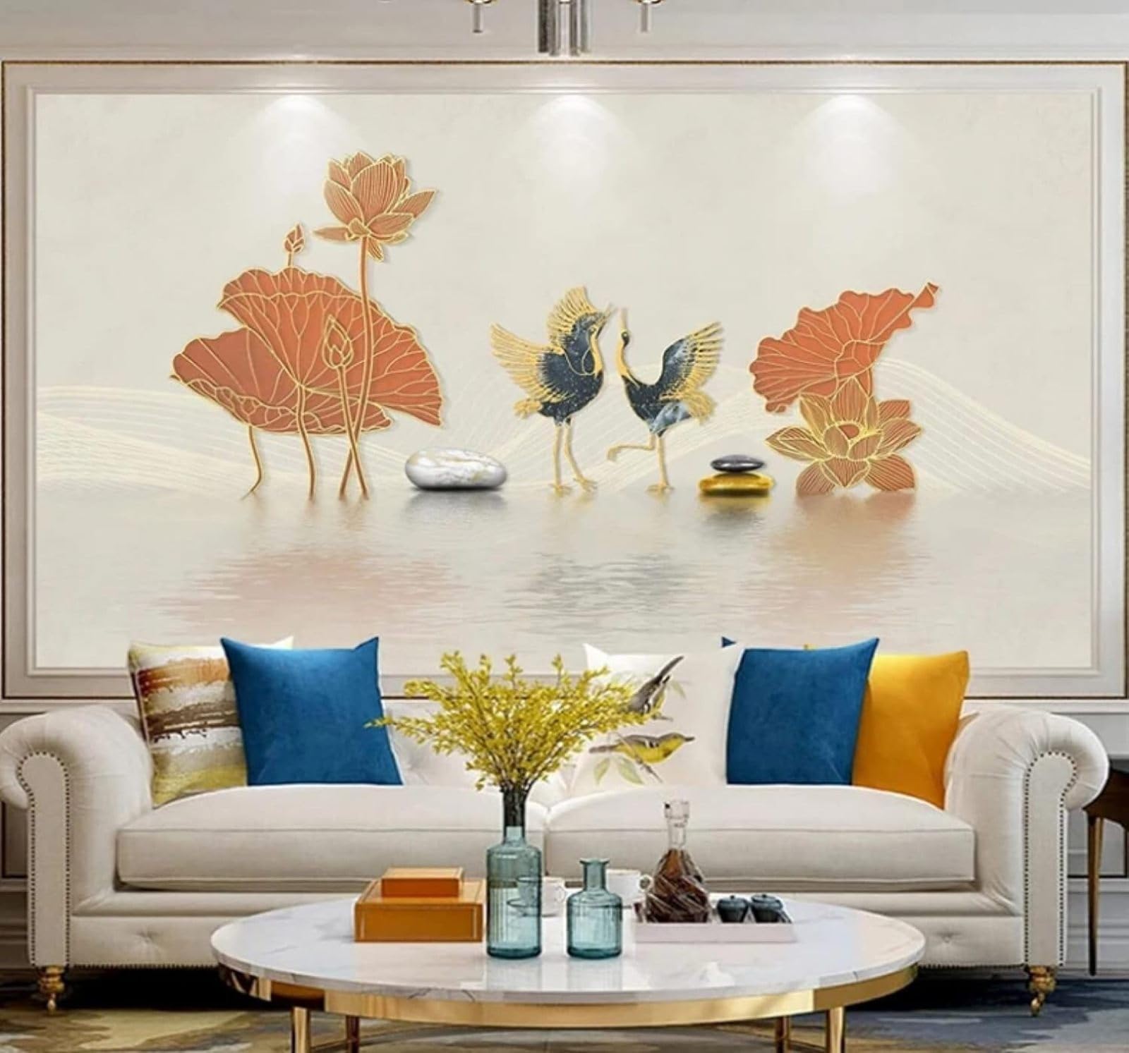 XLMING Elegant Understated Luxury Gold Thread Lotus Swan 3D Wallpaper Luxury Home Dining Decor Paste Sofa Living Room The Wall for Bedroom Mural-300cm×210cm
