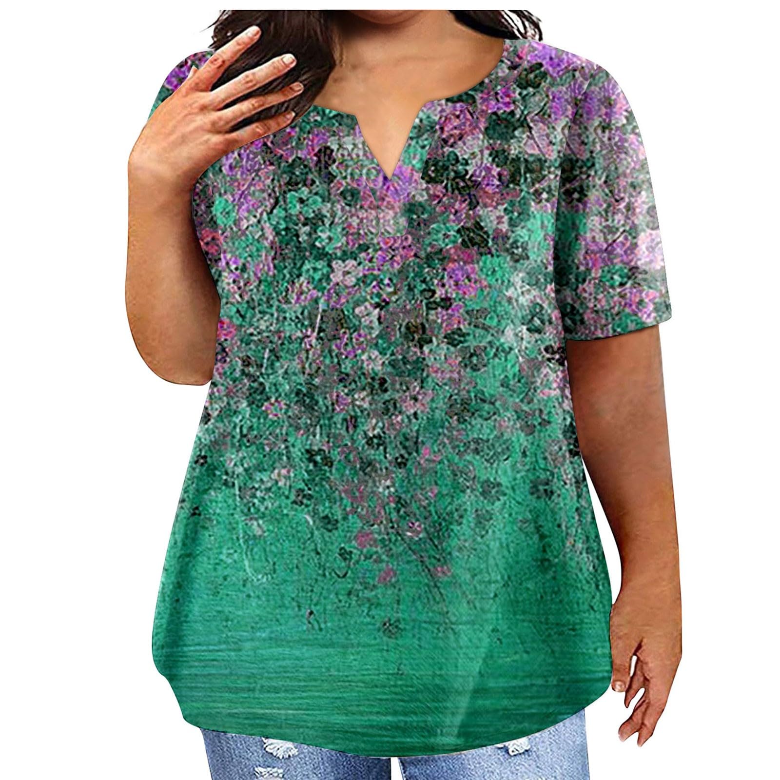 YUTANRALPlus Size Tops for Women 2024 Summer V Neck T-Shirts Casual Loose Short Sleeve Shirts Tees with Pocket