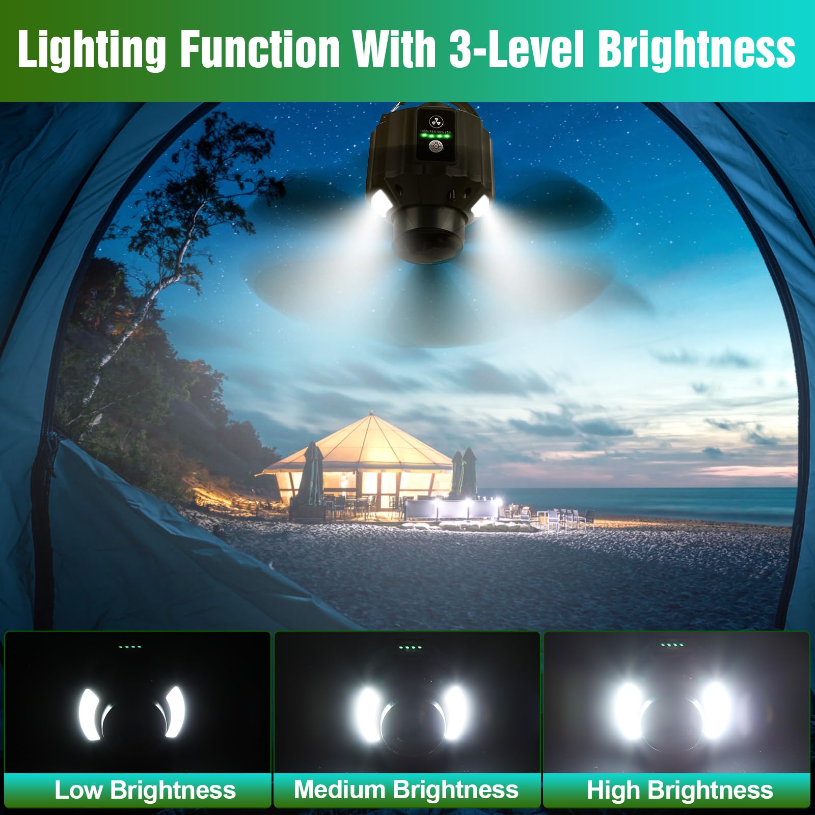 Tent Ceiling Fan for Camping,5200mAh USB Battery Operated Portable Camping Fan Hanging Tent Lantern Fan with 3 LED Light Brightness 3 Fan Speed Smart Timer Remote Control for Outdoor Tent Canopy,RV