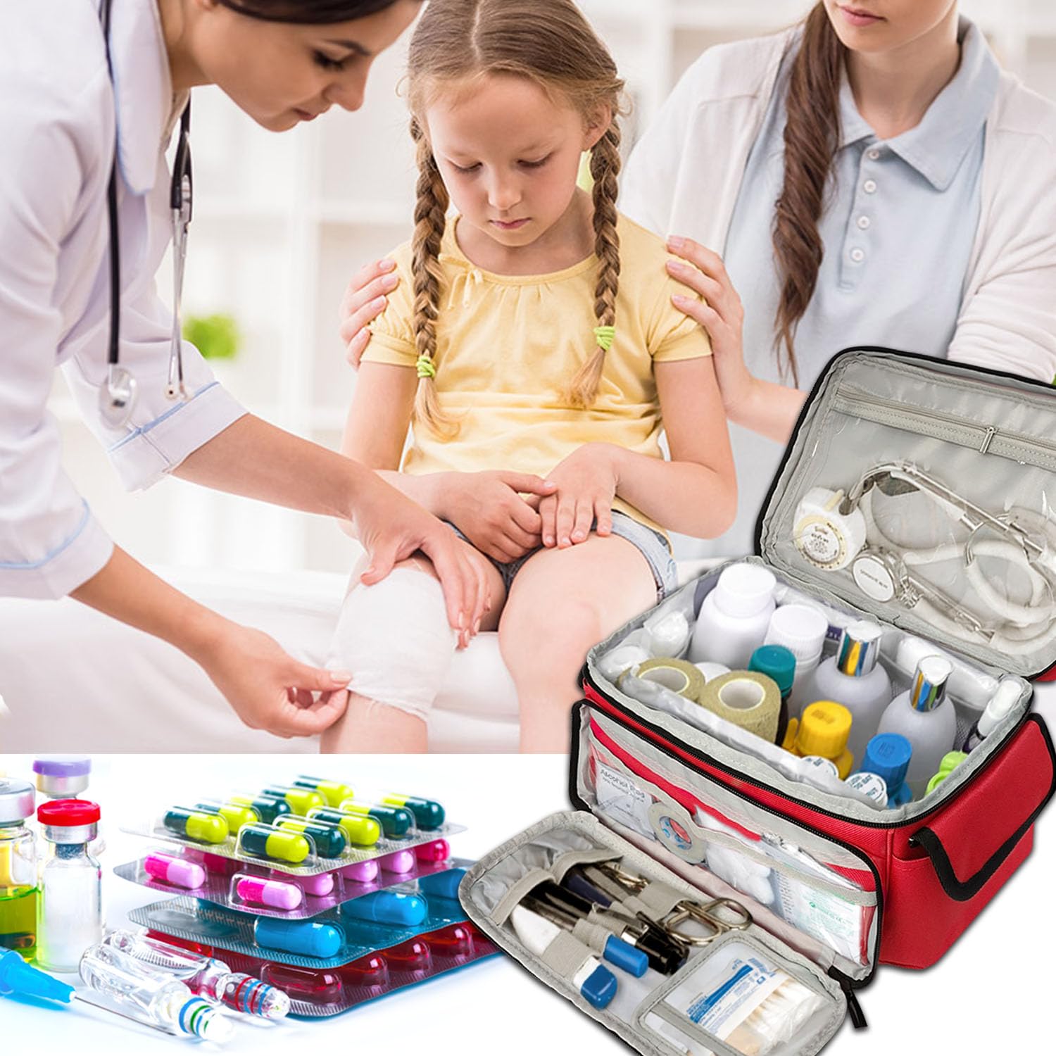 Boczif Primeros Auxilios, Bolsa de Almacenamiento de Primeros Auxilios, Organizador de Botellas de píldoras para botiquín médico de Emergencia, Muy Adecuado para el hogar(Rojo)(Solo Bolsa)