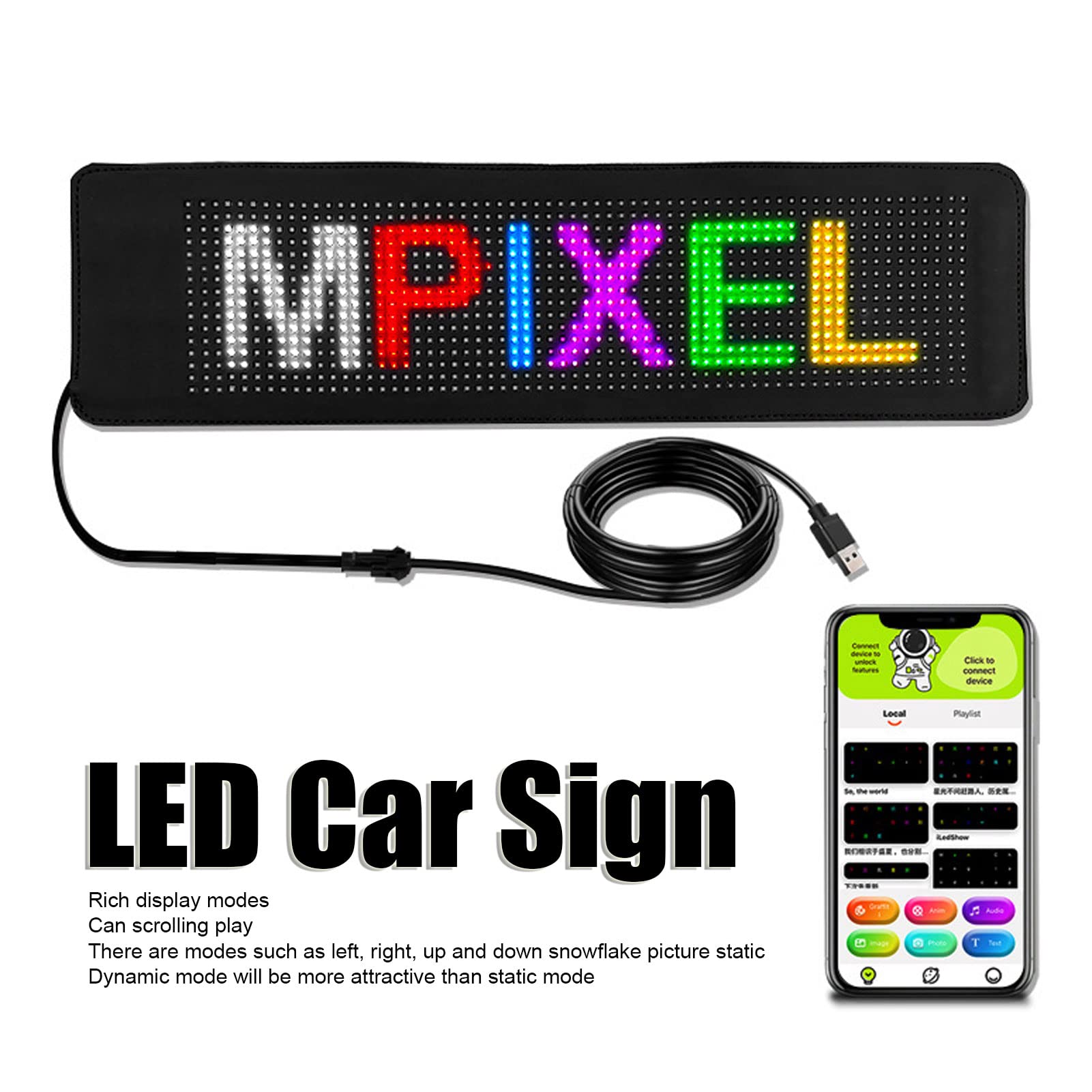 Écran de Voiture LED Flexible, écran de Voiture LED App Control avec Texte personnalisé, Panneau Publicitaire Programmable, alimenté par USB, Matrice de Points 16 X 64 (Points)