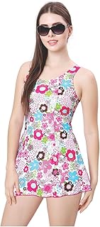 LACTRA Women's Floral Print U-Back Swimdress with Padded Bust Support, Boyleg Cut, Multicolor