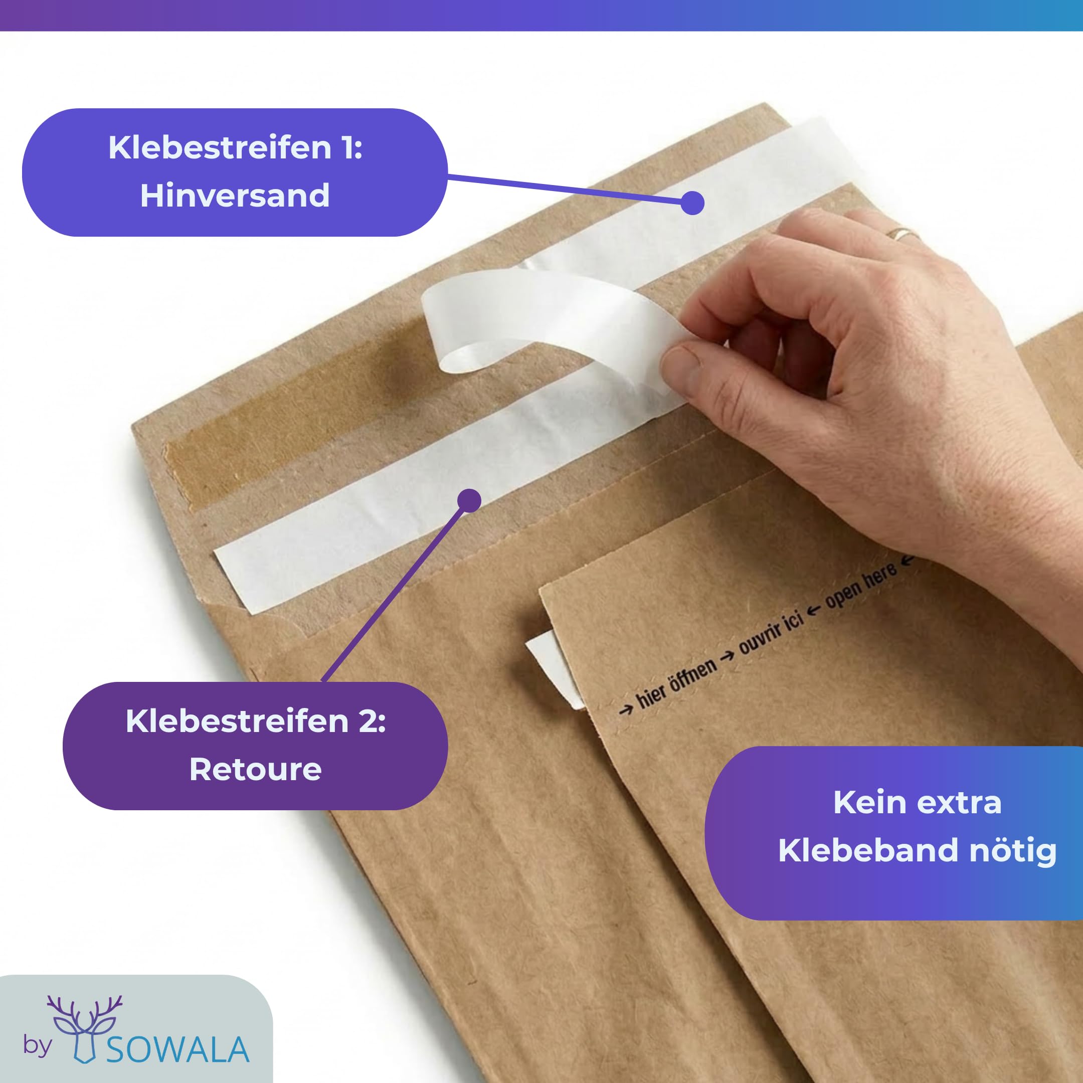 Papier-Versandtaschen Vinted 350x250x80mm Versandtüten - 200 Stück, sowala | Spitzer Boden mit 8 cm Seitenfalte – viel Platz für Pullover & Co., Doppelfixverschluss für Hin- & Rückversand, plastikfrei