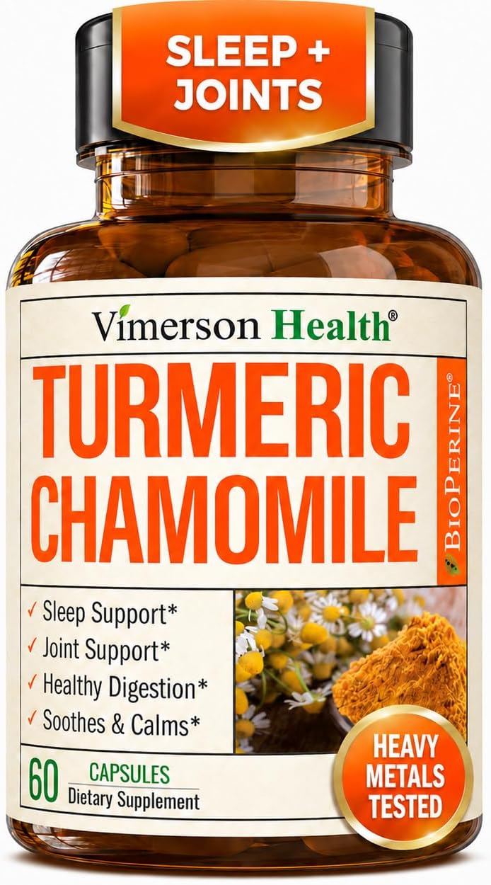 Turmeric Supplement & Chamomile Capsules for Sleep - Organic Turmeric Sleep Supplement with Chamomile Flowers Extract (Manzanilla) - Relaxation & Stress Support - Joint & Digestive Health. 60 Capsules