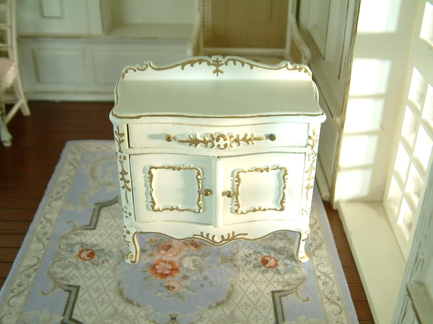 ARTLEER 1/12 Scale Miniature Victorian Royal Gold White Luxury Wood Side Cabinet Elegant