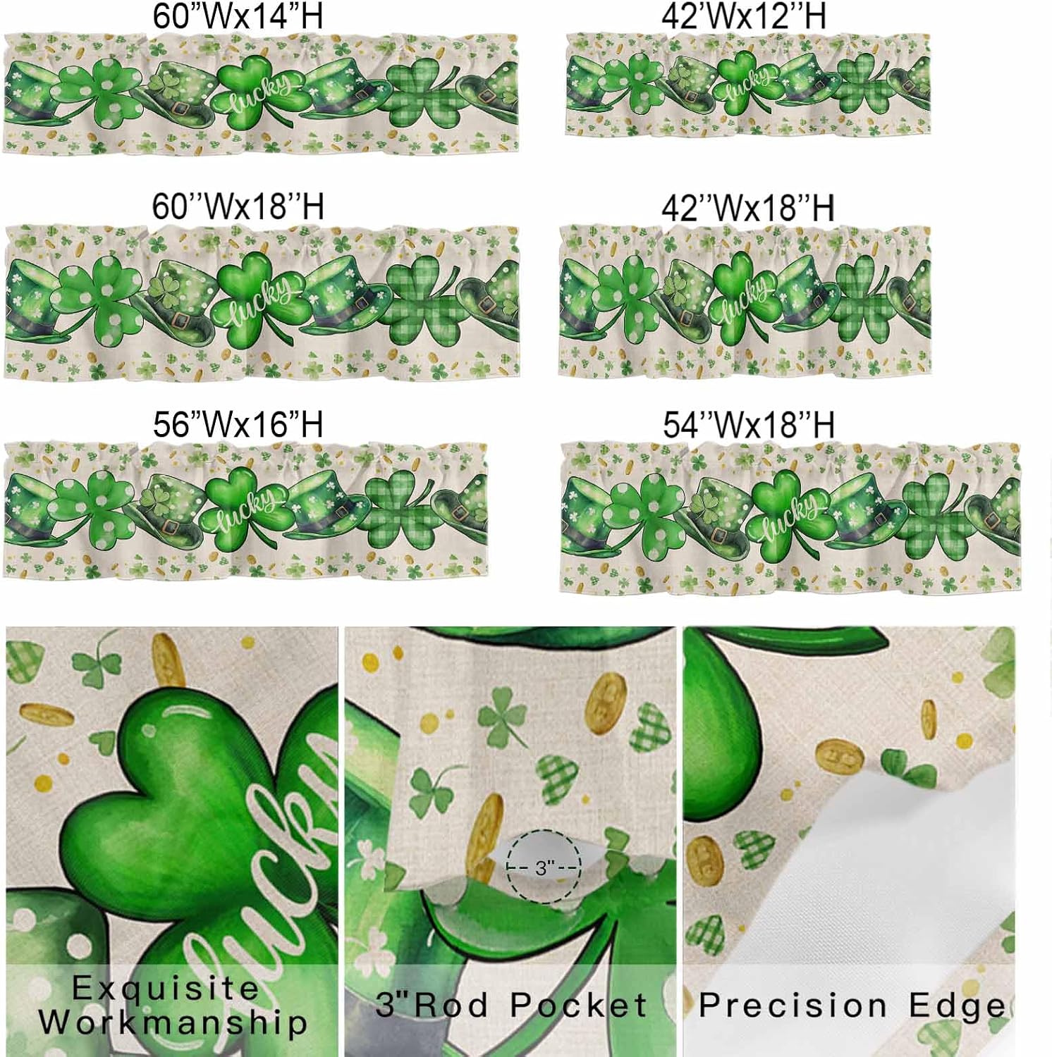 JasmineM St.Patrick's Day Valances Curtains for Windows Shamrocks Hat Rod Pocket Kitchen Valance Lucky Gold Coin Seasonal Window Valances for Living Room/Bedroom/Bathroom 54x18in