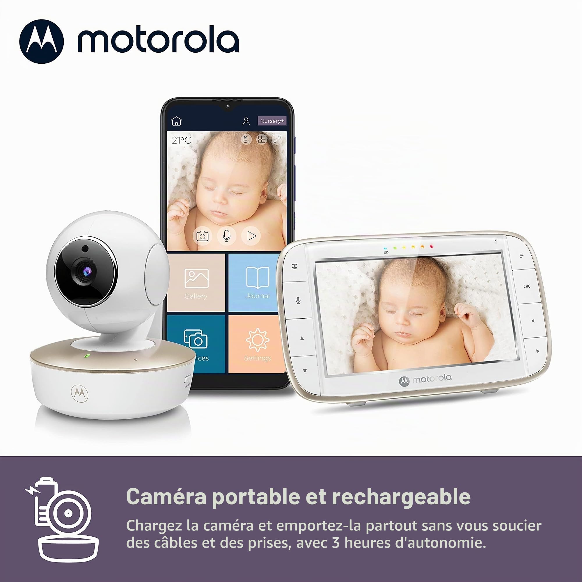 Motorola Nursery VM855 Moniteur bébé Wi-Fi connecté - avec application Motorola Nursery et unité parentale 5" - Vision nocturne, température et conversation bidirectionnelle, 1080p