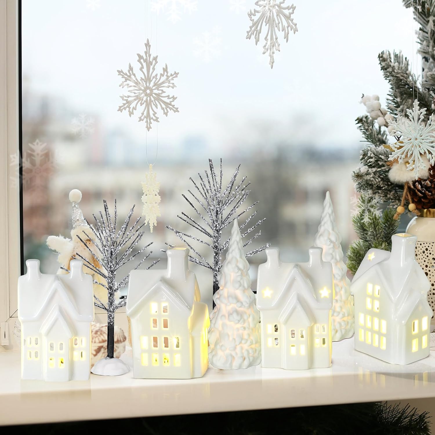 Christmas Village Sets of 17 Include 4 LED White Ceramic Christmas Village Houses with 4 Ceramic Xmas Trees Plastic Truck 7 Branch Trees for Rustic Farmhouse Xmas Decorations Indoor Home