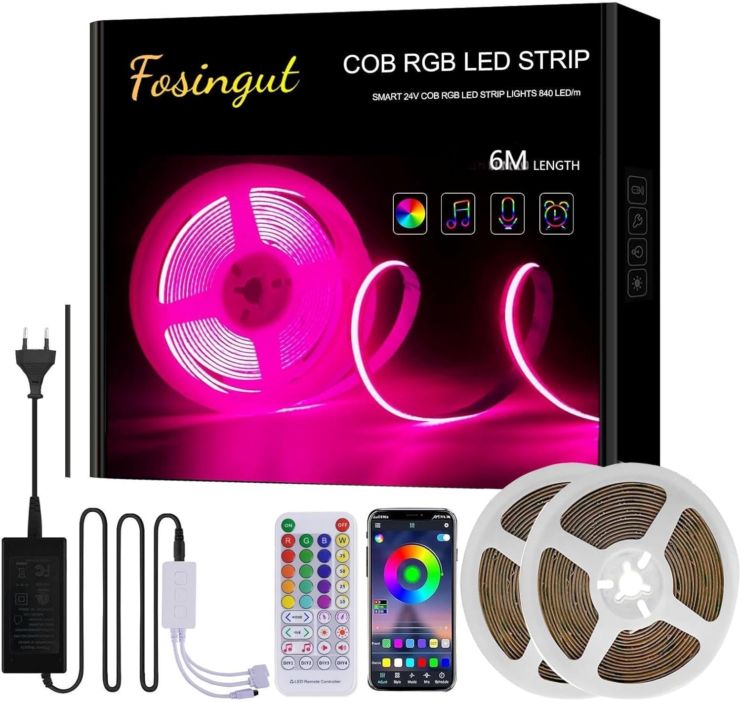 Fosingut LED Strip 6 m RGB COB LED Strip, 840 LED/M Music Sync Good LED Fairy Lights Strip Gentle Strip, 24 V Dimmable Oblique Lighting Wall LED TV Backlight for Kitchen Mattress Room Ornament