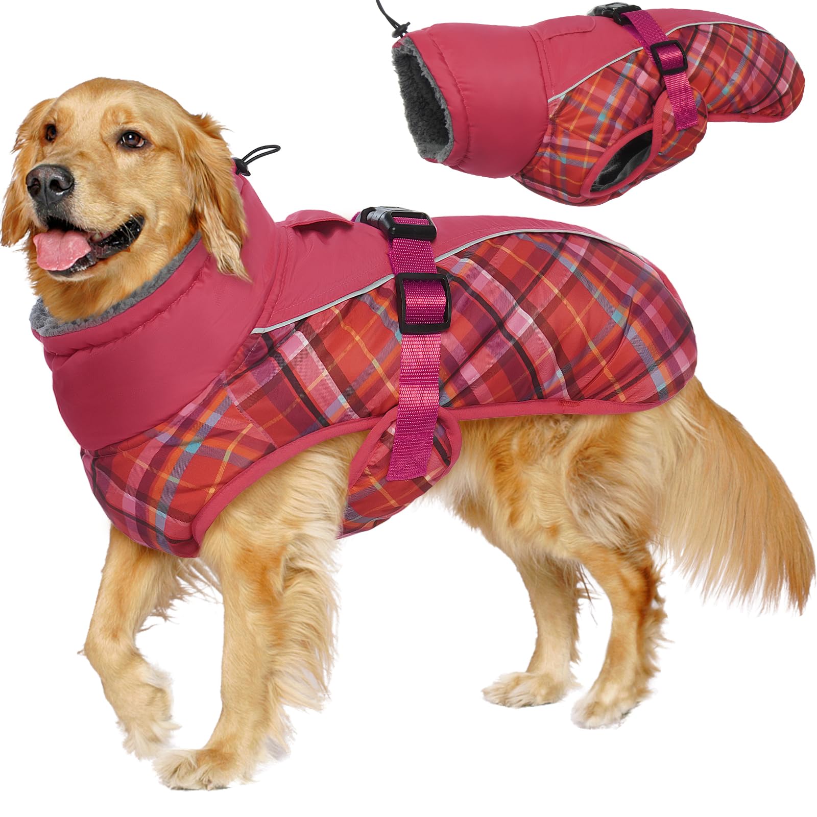 IECOii Abrigo para perro grande, abrigo extra cálido para perro con forro polar, chaqueta para perro XL, a cuadros, cachorros, ropa de invierno para perro, niña, niño, cuello alto, chaleco impermeable