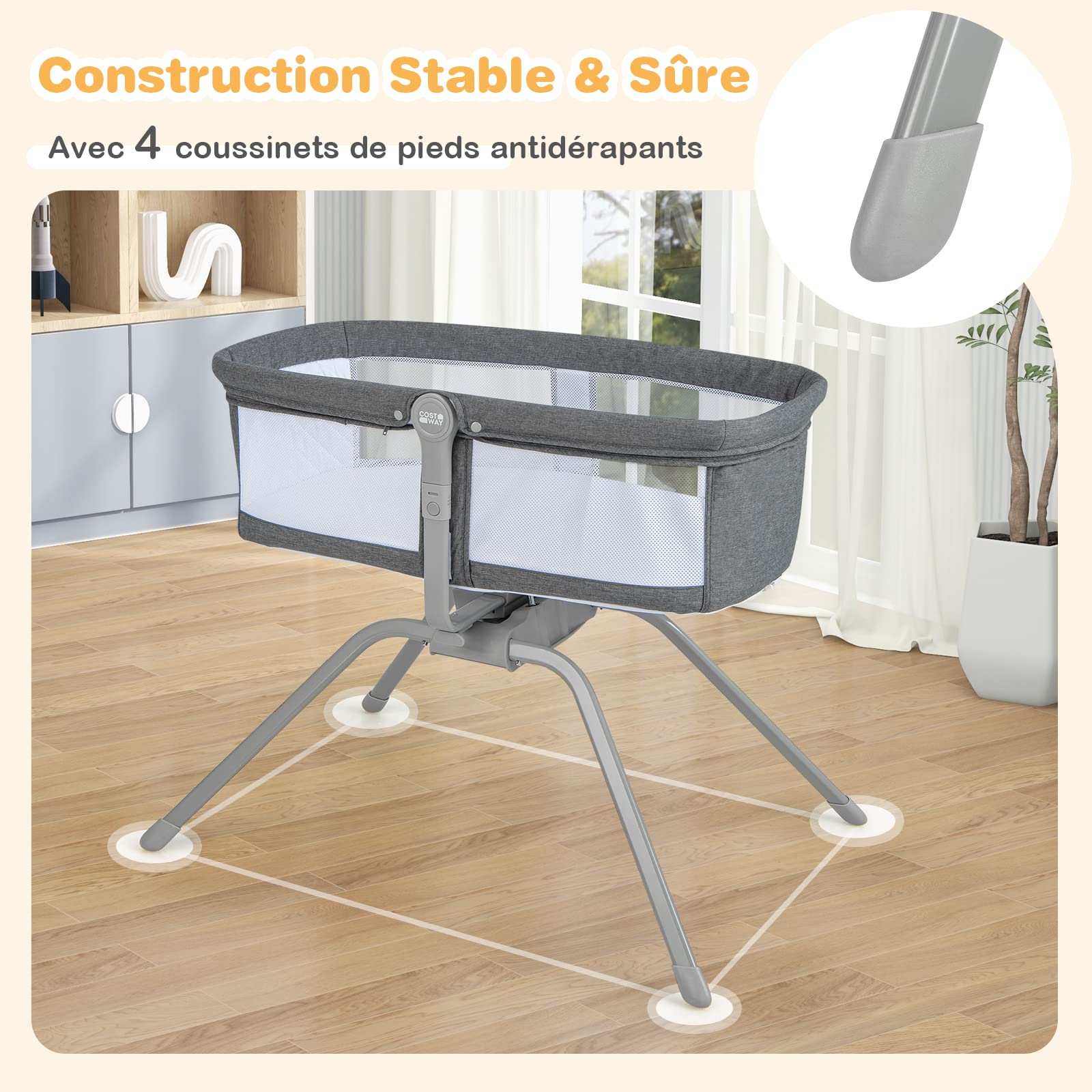 COSTWAY Berceau Bébé Pliable avec Matelas Moelleux de 2,5 cm, Lit de Voyage avec Inclinaison Réglable, Mode Berçant & Stationnaire, Maille Respirante, Sac de Transport, Charge 9 KG, 0-6 Mois