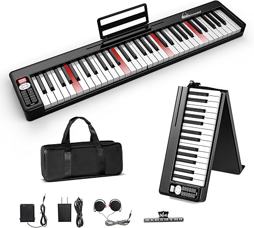 COSSAIN Teclado de piano con 61 teclas, piano digital plegable con llave iluminada, semi-pesado y Bluetooth MIDI portátil para principiantes,
