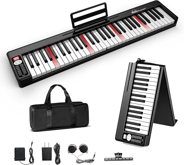 COSSAIN Piano Keyboard 61 Keys, Folding Digital Piano with Light up Key, Semi-Weighted & Bluetooth MIDI Portable Piano Keyboard for Beginners, Teens, Adult (Piano Bag, Stand Included)