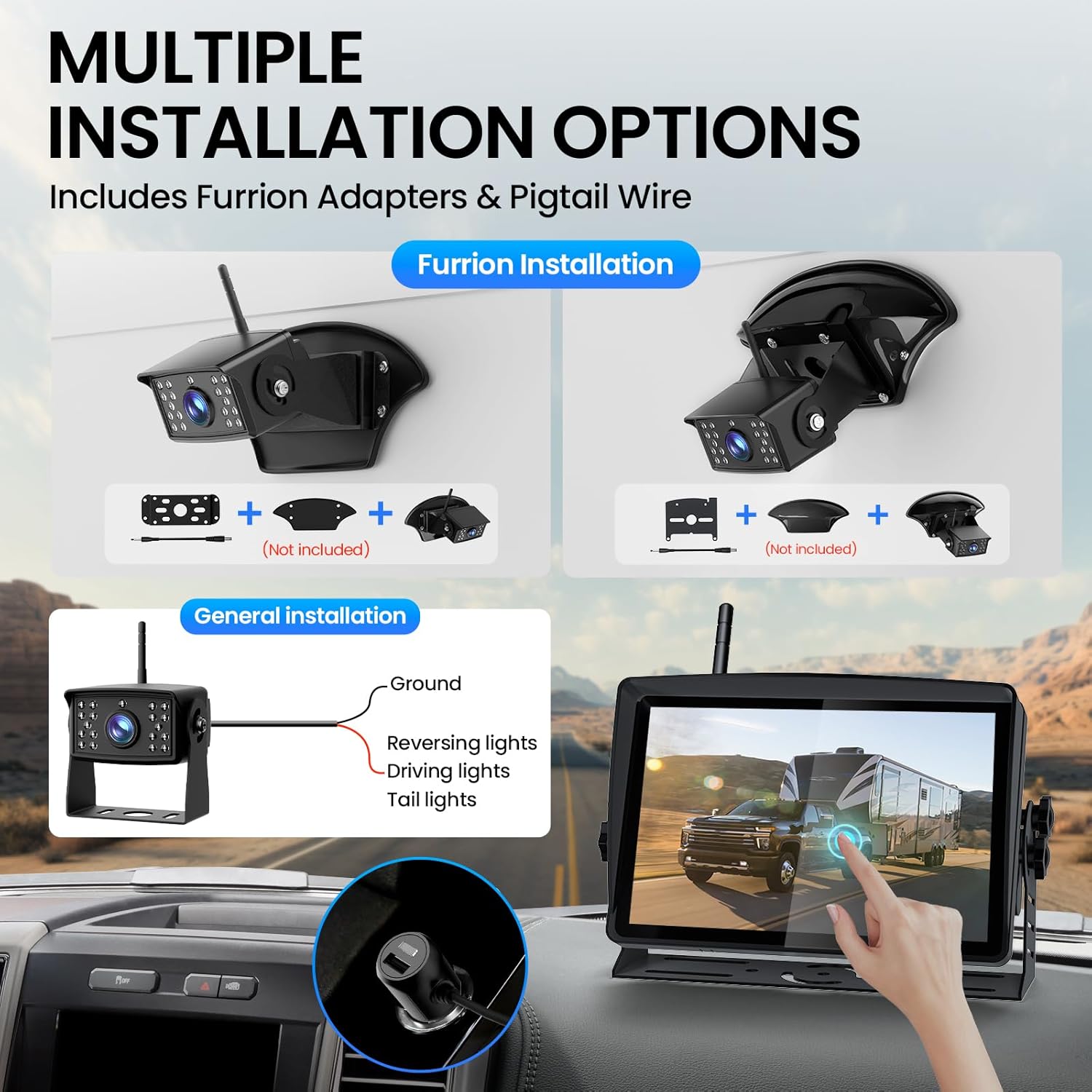Multiple installation options for the RV backup camera, including Furrion and general wiring
