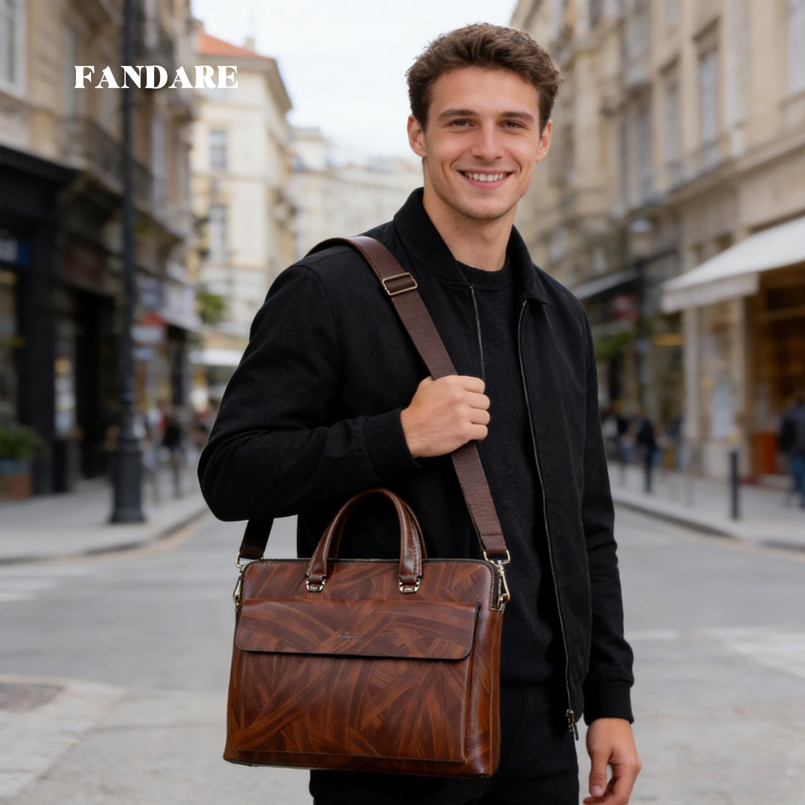 FANDARE Rétro Mallette Sacs pour 12.9 Pouces ordinateur portable Sacoches Homme cuir à grain de bois classique Porte-documents Cartable Serviette Portefeuille Sac messenger pour bureau, voyages