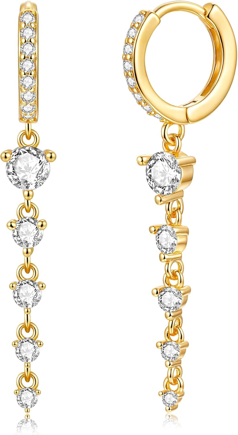 ZRU Gold Dangle Hoop Earrings for Women, Trendy 14K Gold Plated Huggie Hoops with Long Cubic Zirconia Drop, Hypoallergenic Long Drop Earrings Round CZ Hanging Jewelry Gifts for Her
