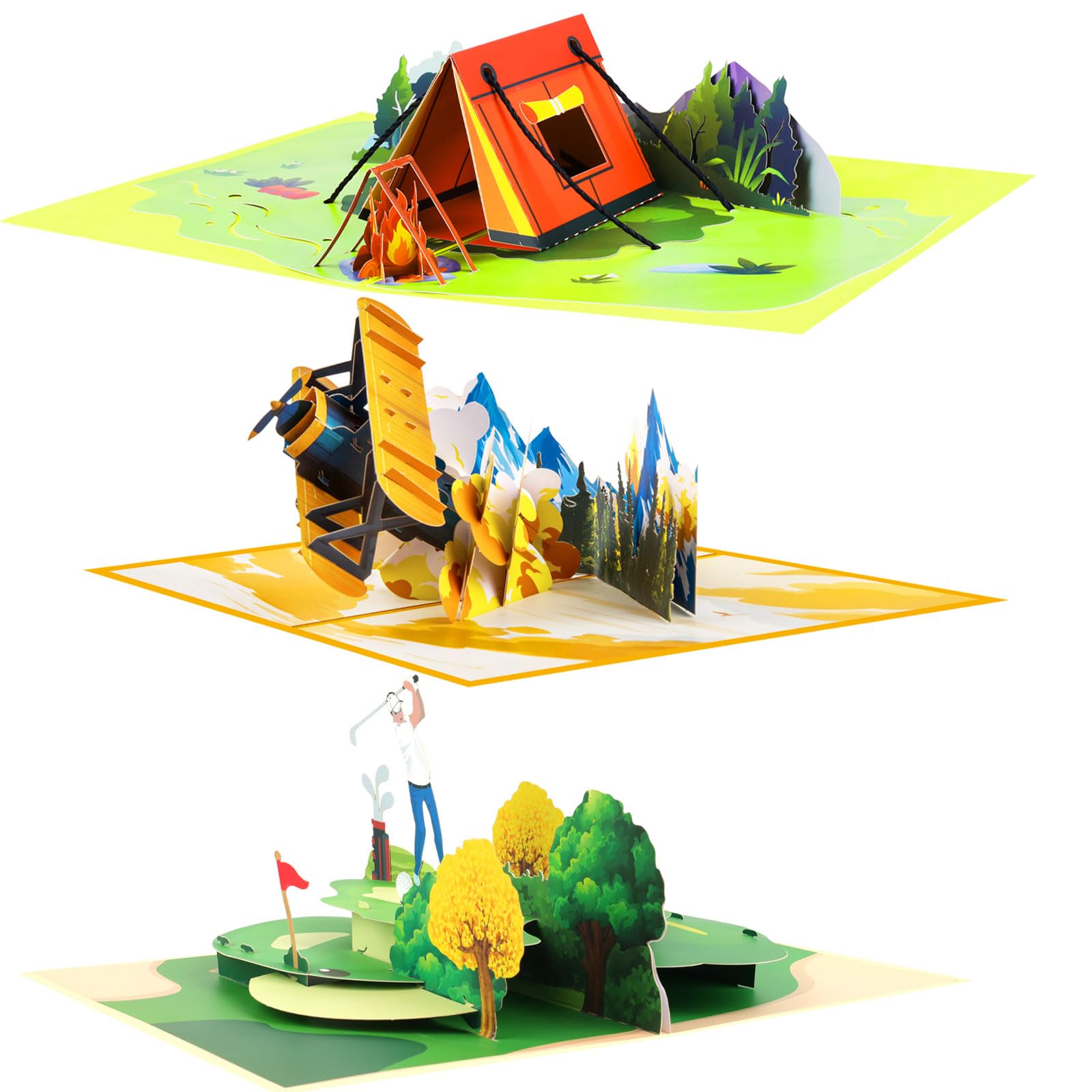 3D Pop Up Adventure Greeting Cards for Men – Camping, Golf, and Airplane Greeting for Father's Day, Birthdays, Retirements – Include Envelopes and Blank Note Cards — image 1