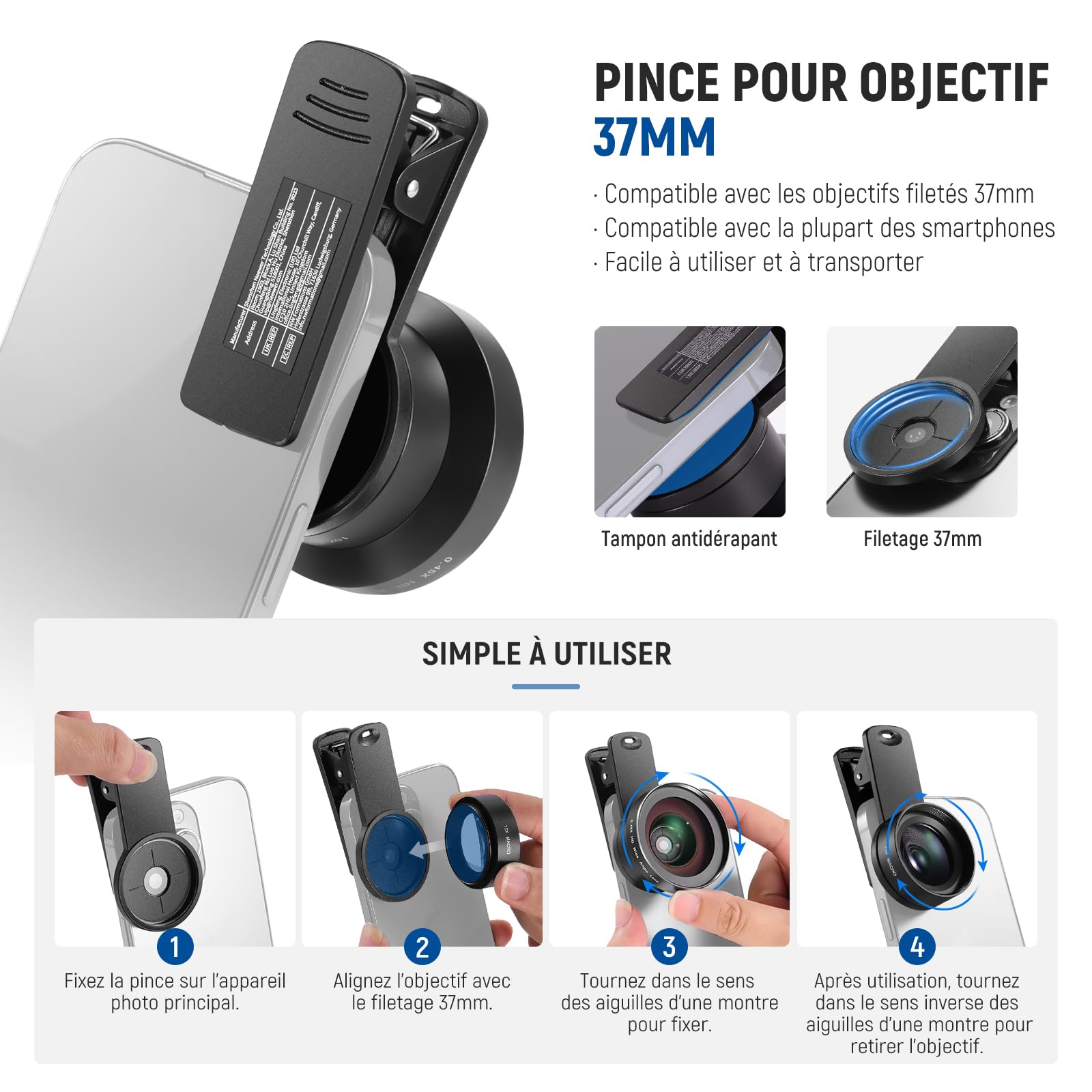NEEWER BASICS Kit d'accessoires 2 en 1 pour objectif d'appareil photo de téléphone,grand angle HD 0,45x + macro 15x,pince d'objectif 37 mm,compatible avec iPhone,Samsung et Android,LS-67