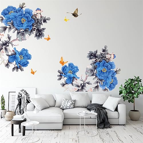 Calcomanías de pared de flores de peonía azul, diseño floral de flores grandes, estilo chino, vinilo extraíble para sala de estar, dormitorio,