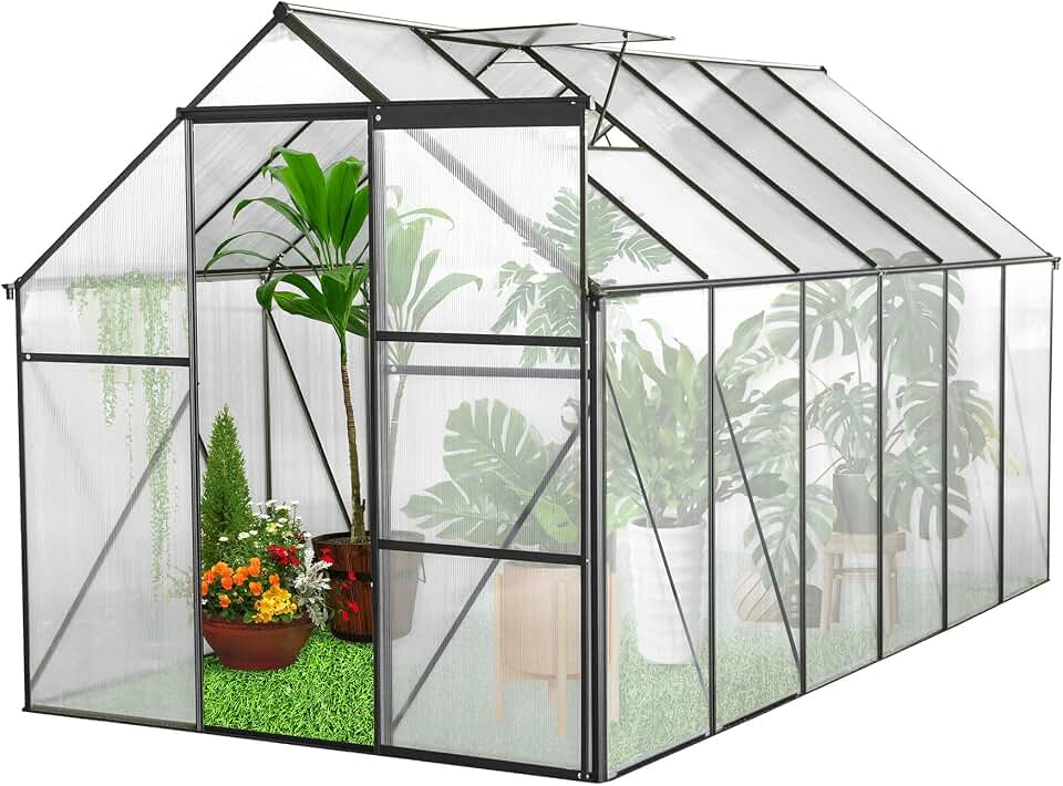6x6 FT Heavy-Duty Greenhouse with Adjustable Roof Vent and Polycarbonate Panels - Walk-in Aluminum Frame Greenhouse for Backyard, Winter - All-Weather Outdoor Garden, Easy Assembly, Black (6X6FT)