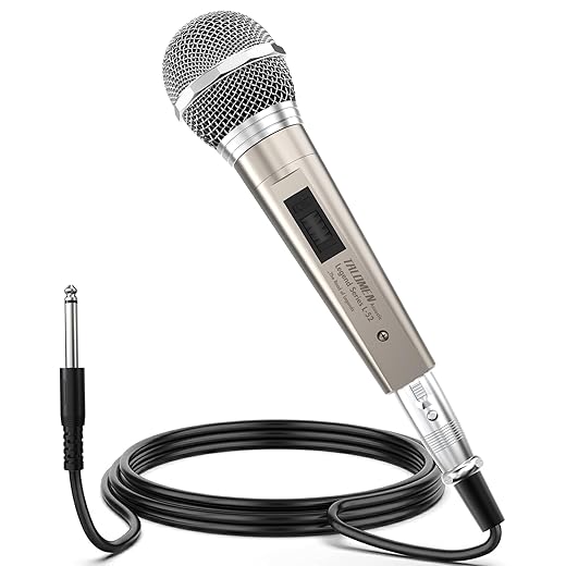 Wired Microphone for Singing, Metal Female, ON/Off Switch, Professional Vocal Dynamic Mic with 20ft & 6.5ft XLR Audio Cable, Cardioid Studio Microfono for Podcasting and Recording, Gold-L52