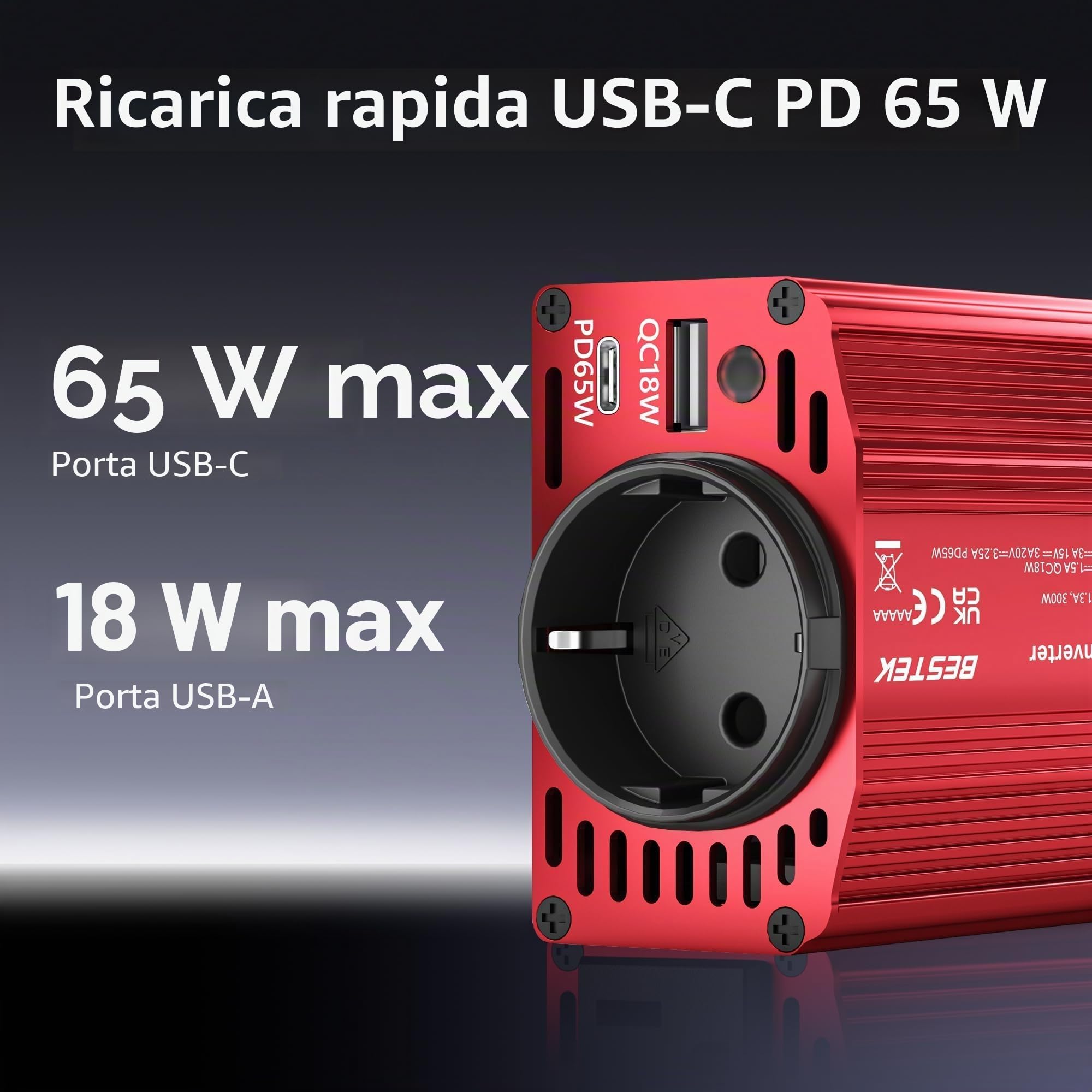 BESTEK 300W Inverter 12v 220v 230V 240V,Inverter Auto con Prese AC 2 USB-C (65 W e 30 W) 2 USB-QC (18 W),Convertitore Potenza per Camper/Barca a Onda Sinusoidale Modificata