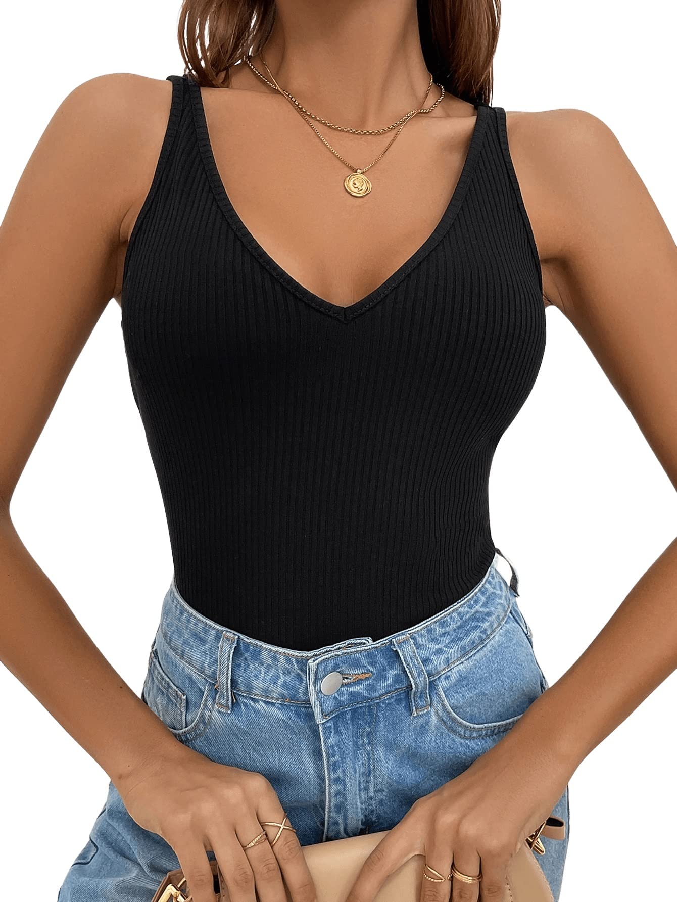 SweatyRocksWomen's Deep V Neck Sleeveless Tank Top Basic Solid Ribbed Knit Vest Tops