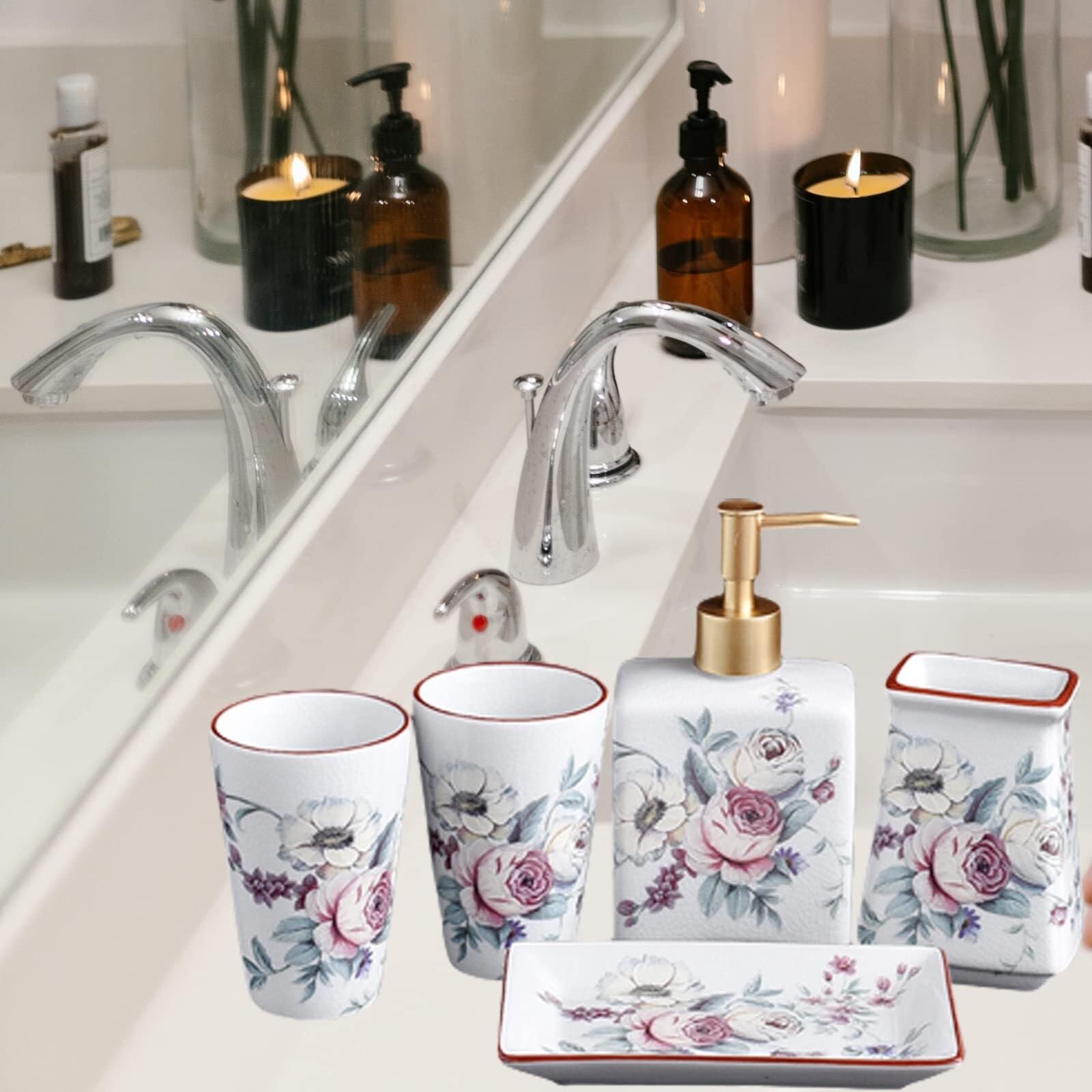 Set di accessori per il bagno Inclusi 1 portaspazzolino, 2 bicchieri for gargarismi, portasapone, dispenser for lozione, 5 pezzi Arredamento per gli affittuari(White)