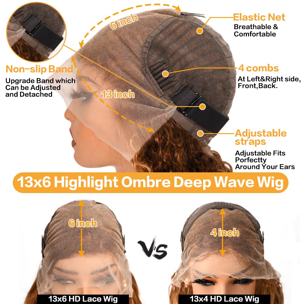 Tylokra 28inch Highlight Ombre Lace Front Wig Human Hair 13x6 HD Honey Blonde 4/27 Deep Wave Lace Frontal Wigs Glueless Wigs Human Hair Product Image 4
